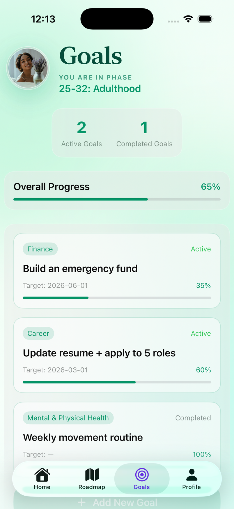 LifePhase goal tracker with progress rings